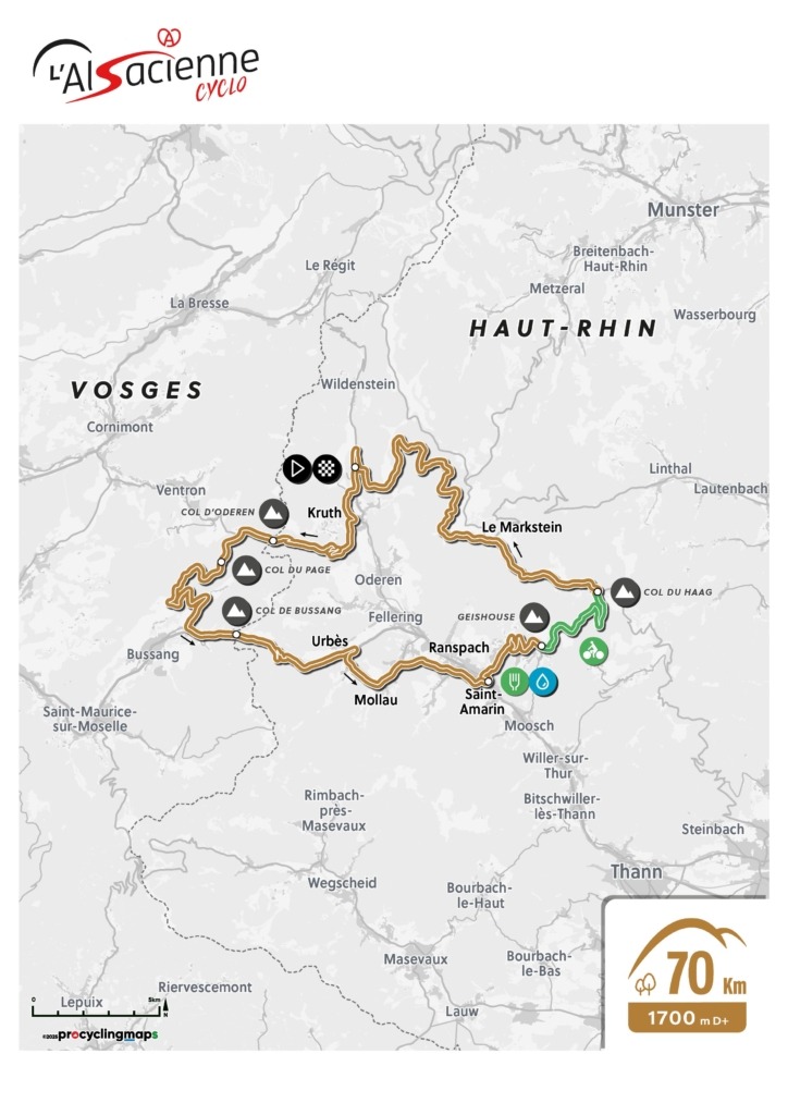 Tracé du parcours de la randonnée de 70 km de L'Alsacienne, l'événement cycliste ouvert à des milliers de participants