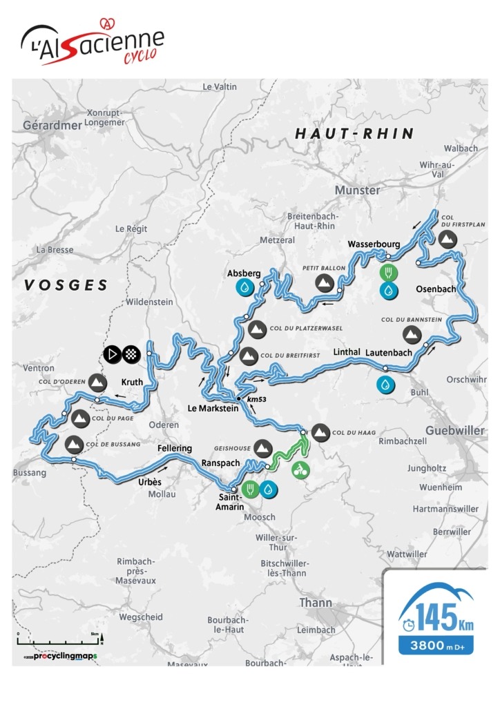 Tracé du parcours de la cyclosportive de 145 km de L'Alsacienne, l'événement cycliste ouvert à des milliers de participants