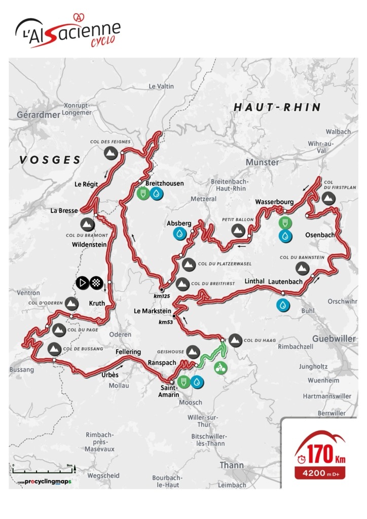 Tracé du parcours du Gran Fondo de 170 km de L'Alsacienne, l'événement cycliste ouvert à des milliers de participants